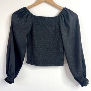 Black Ruched Puff Sleeve Animal Print Blouse Small Whimsigoth Fairy Cottage